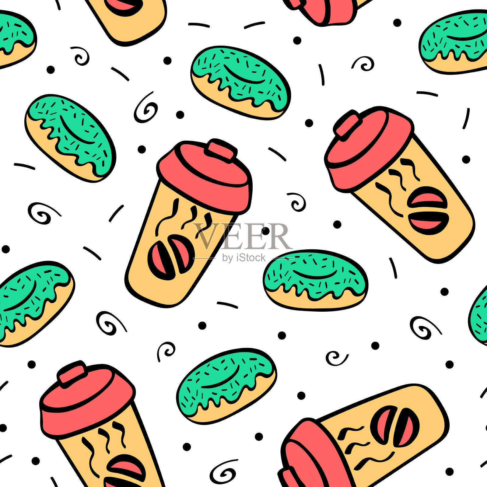 无缝模式与手绘甜甜圈和咖啡插画图片素材