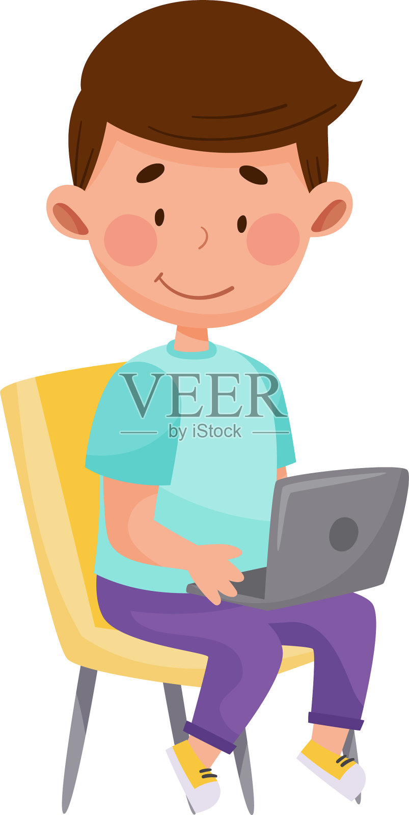 小男孩角色坐在椅子上用笔记本电脑插画图片素材