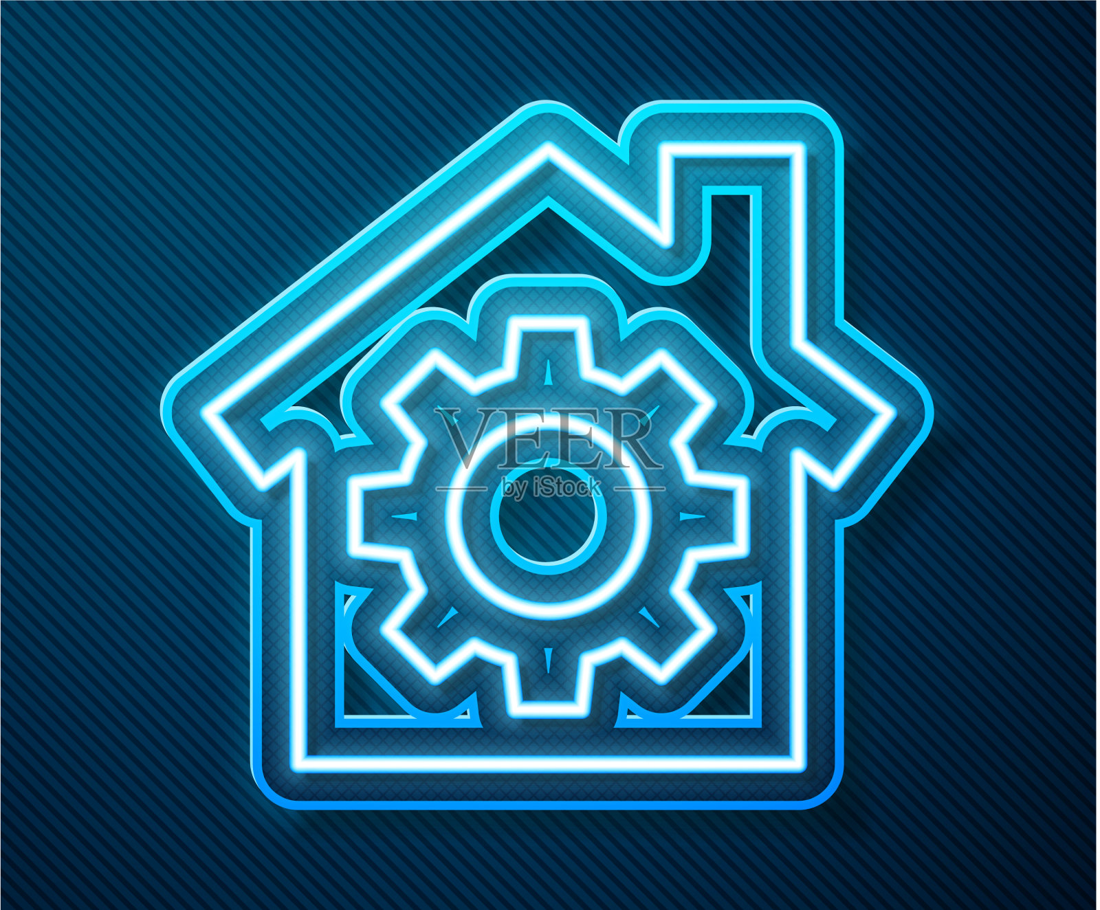 发光的霓虹灯线房子或家与齿轮图标插画图片素材