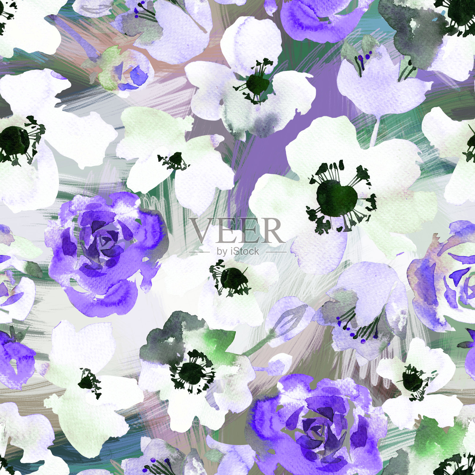 水彩花卉无缝图案。小朵的银莲花，雏菊花和玫瑰花蕾。鲜艳多彩的植物装饰，抽象的孵化纹理，复古风格。春天夏天的主题。插画图片素材