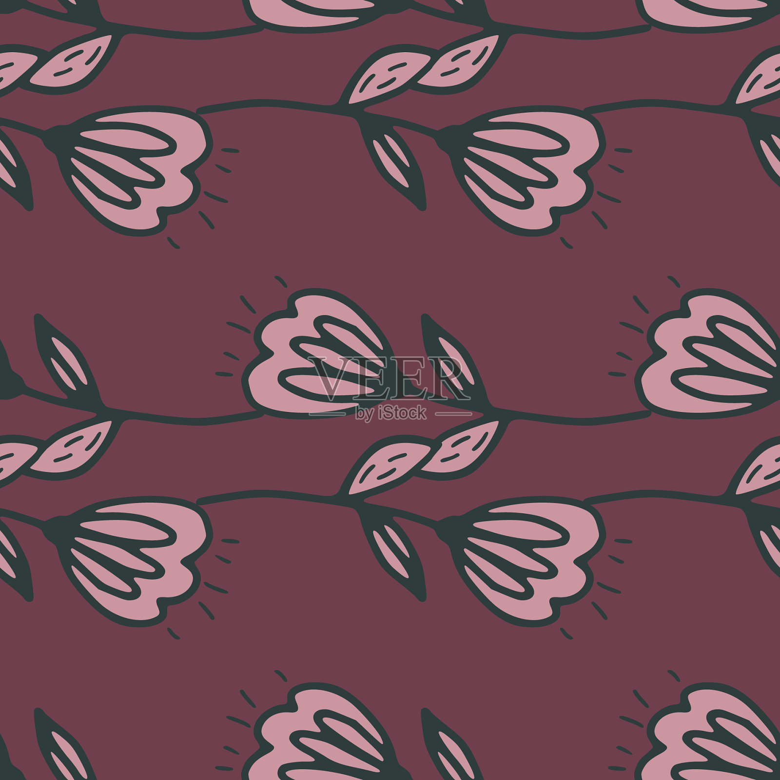 水平位置的粉红色花上无缝插画图片素材