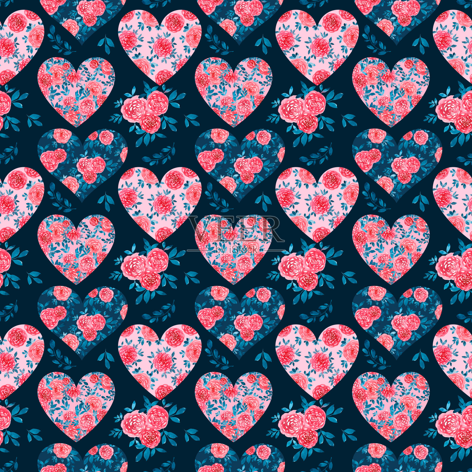 水彩玫瑰和花心在黑暗的绿松石背景。无缝的模式插画图片素材