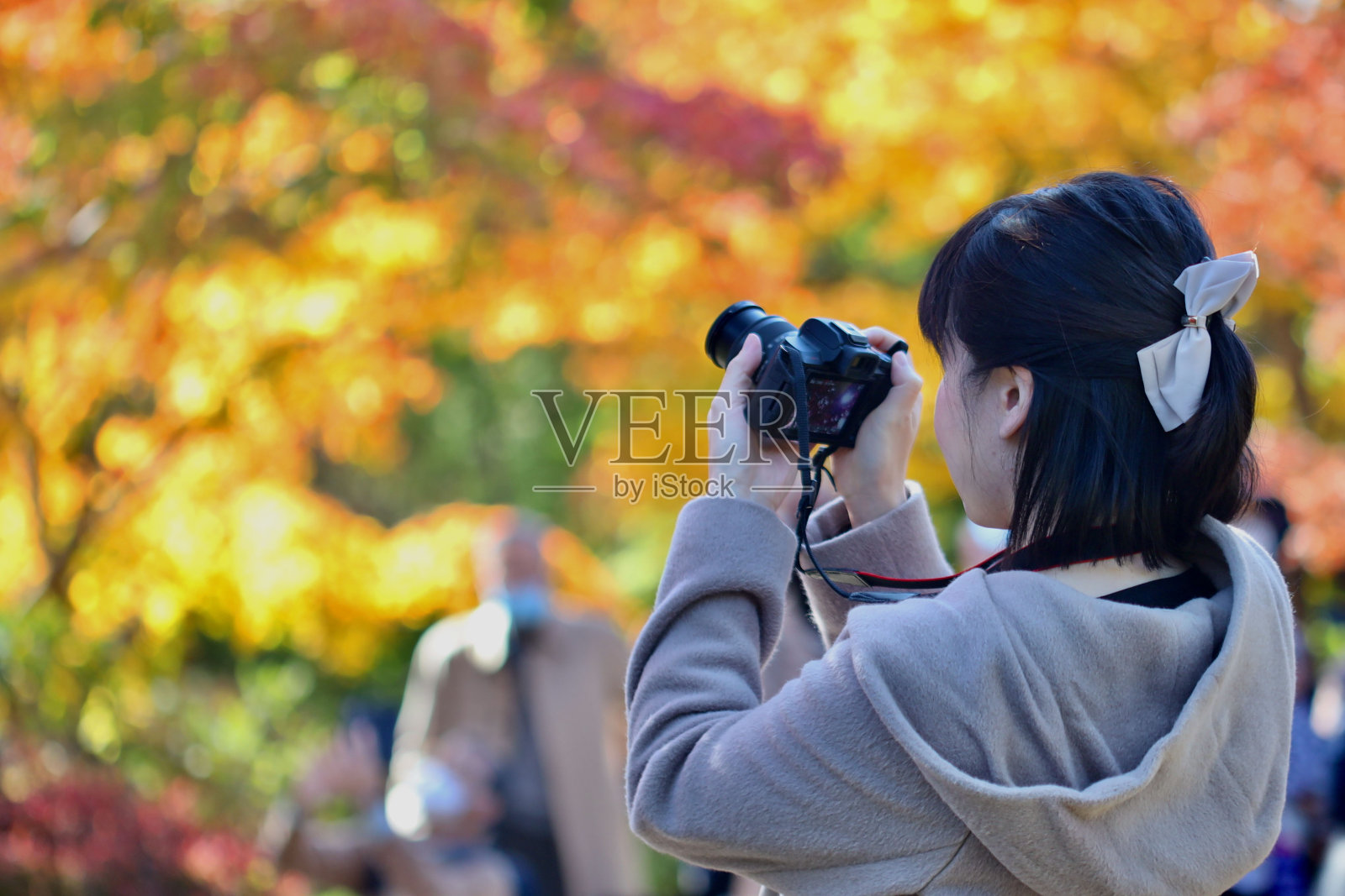 美丽的年轻女子在秋天公园拍照照片摄影图片