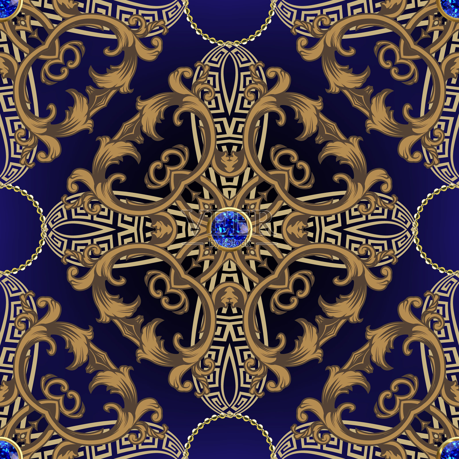 珠宝无缝模式。花的背景。重复矢量希腊背景。几何金色豪华装饰与复古巴洛克风格的花朵，树叶，3d宝石，蓝宝石。装饰华丽的设计插画图片素材