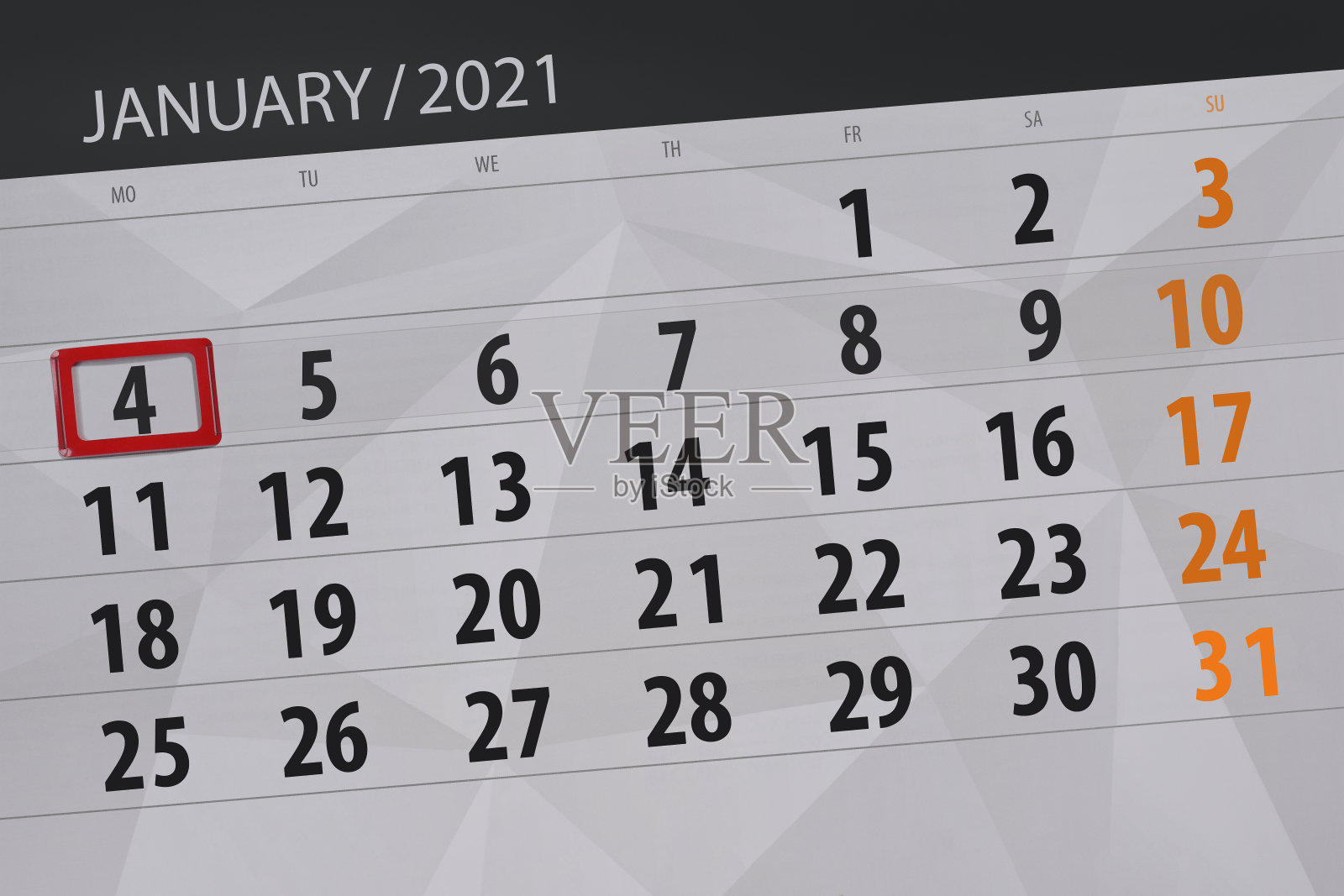 2021年1月的日历计划，截止日期，4日，周一设计模板素材