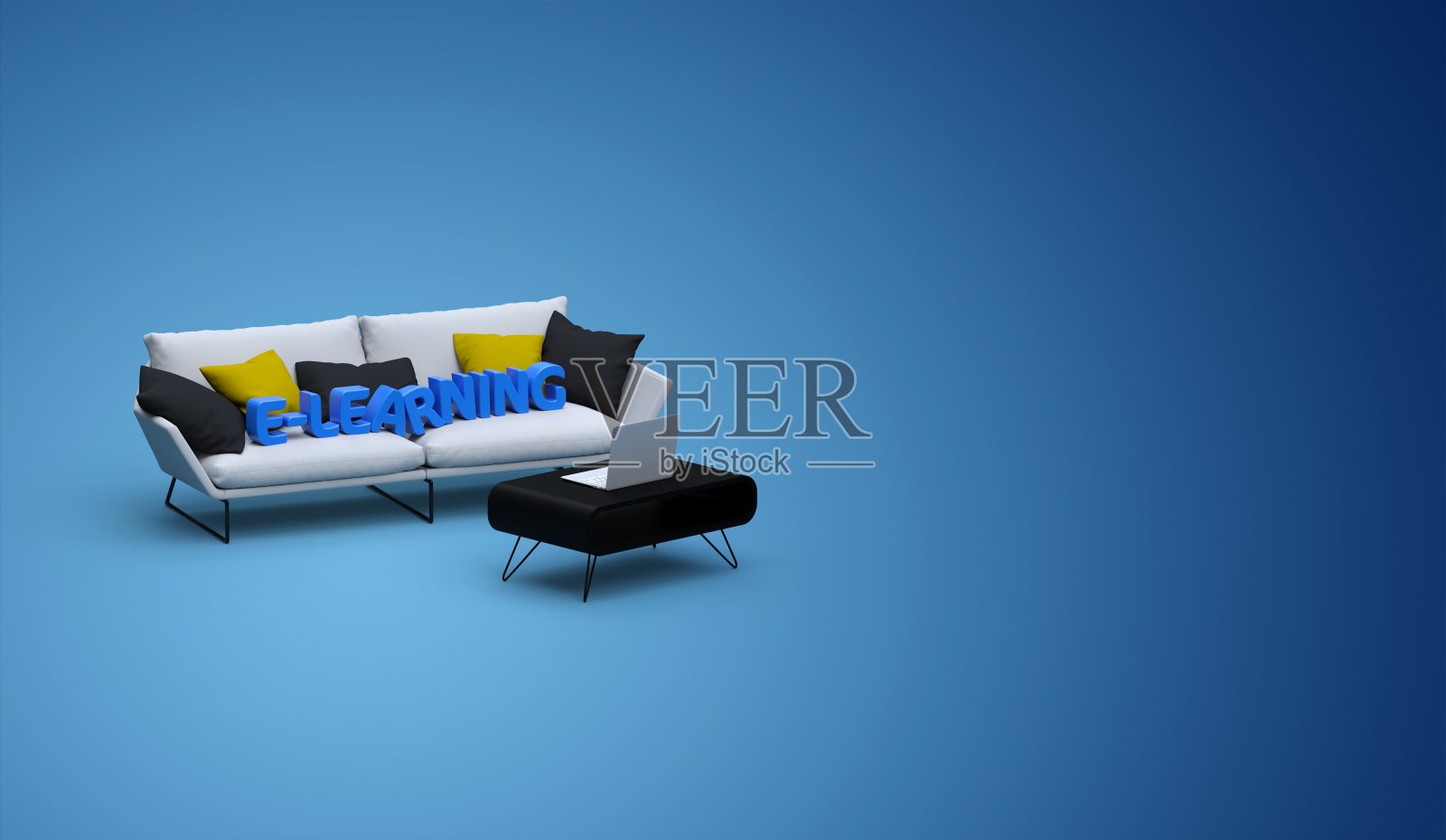 在沙发前面的桌子上放一台笔记本电脑，上面有电子学习文本3D渲染照片摄影图片