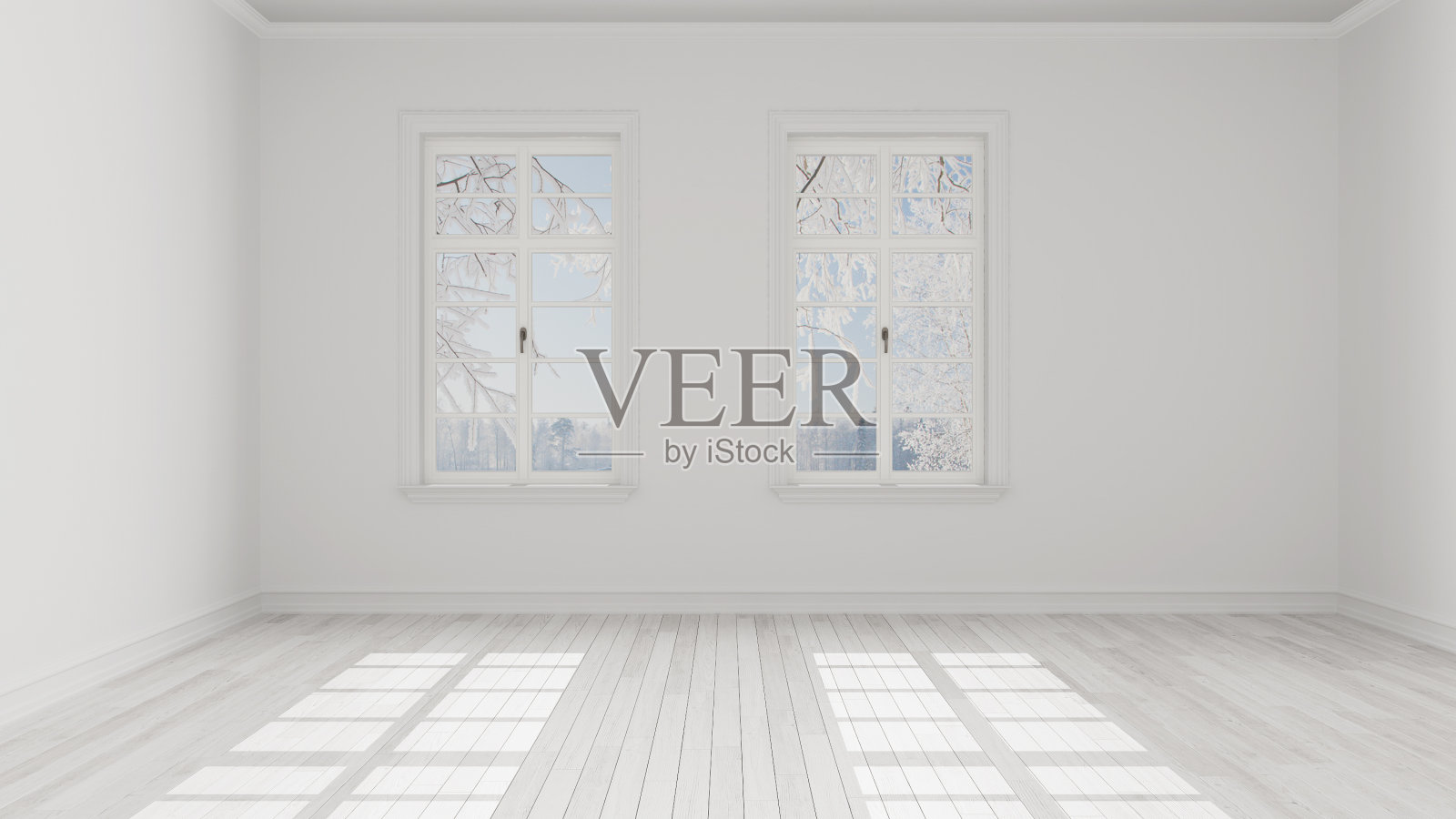 空房室内设计，开放空间，两大全景窗，白色拼花地板，冬雪全景，现代建筑理念照片摄影图片