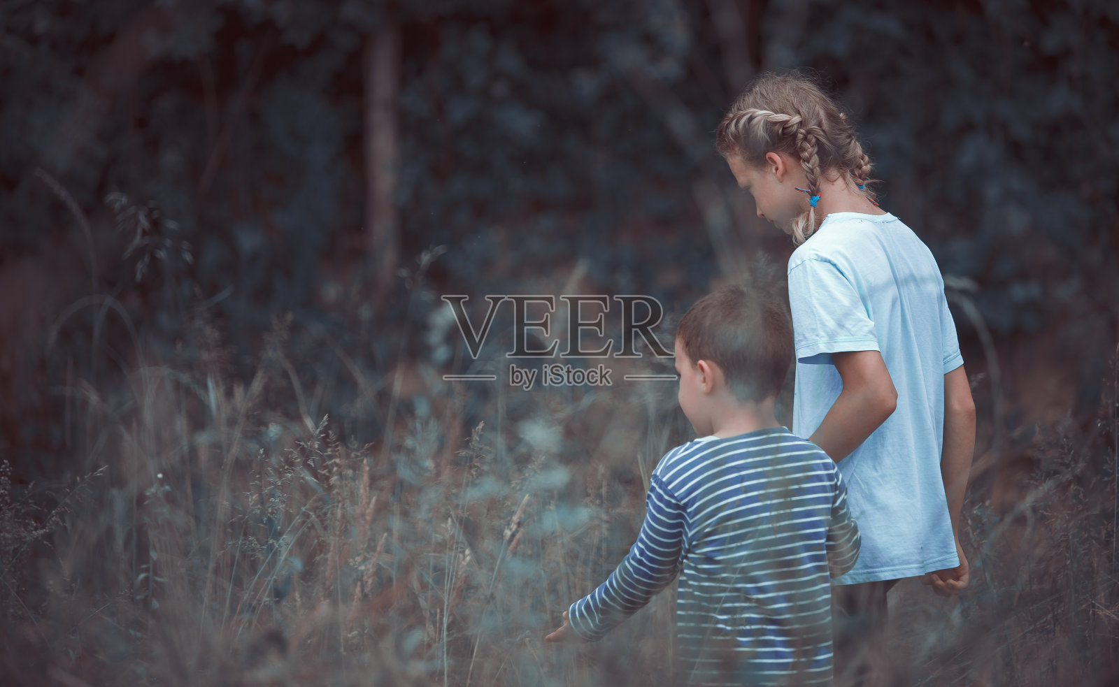 哥哥和妹妹在森林里探险照片摄影图片