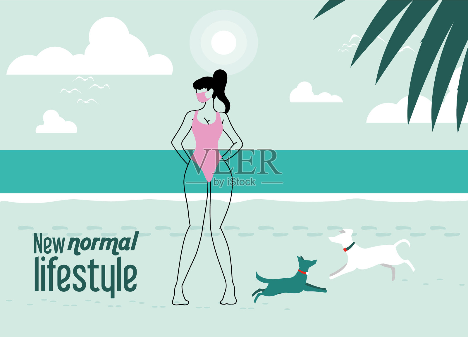 女人戴着面具享受海滩和阳光插画图片素材