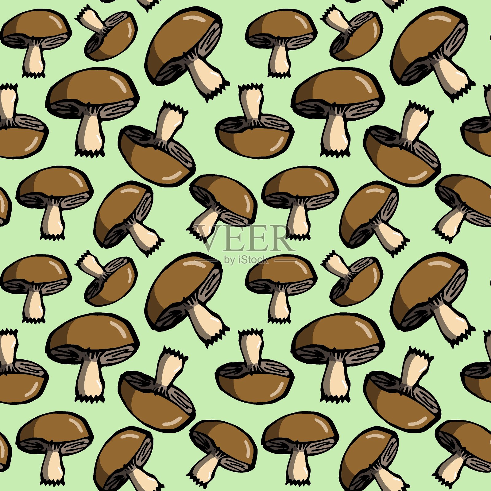 无缝的重复模式。绿色背景上的牛肝菌。手绘草图与黑暗的轮廓。插画图片素材