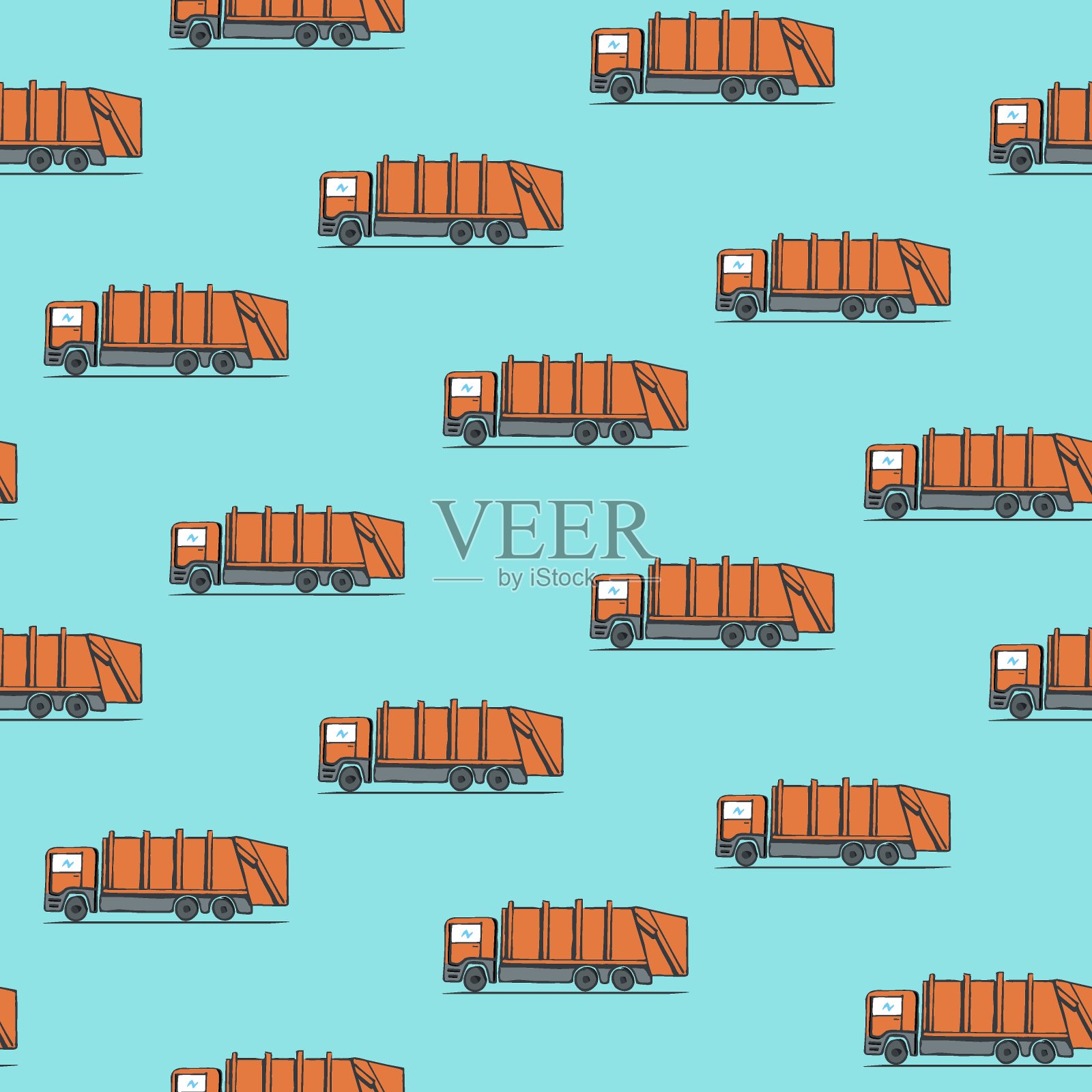 无缝的重复模式。垃圾车侧视图，从右到左的路径。徒手画的草图。插画图片素材