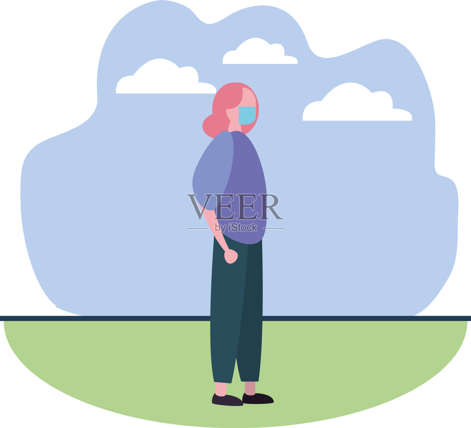 戴医用面具的女人，以营地形象示人插画图片素材