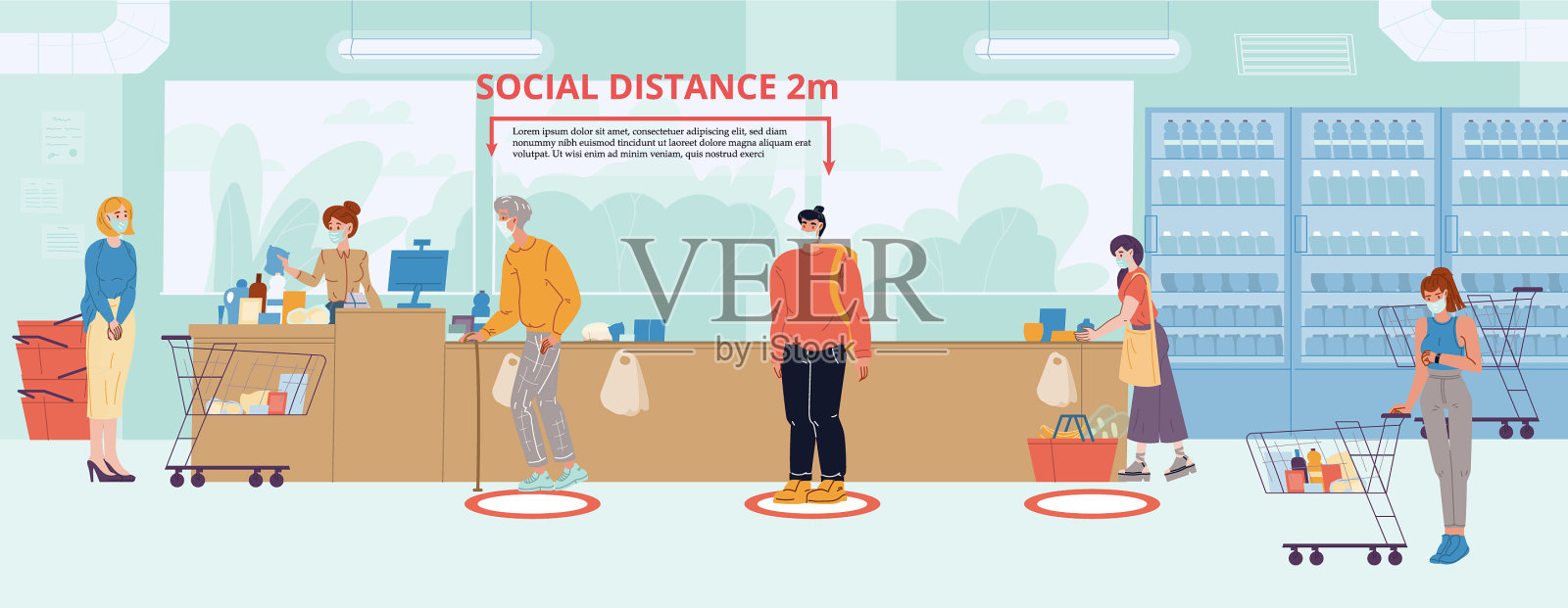 人们在商店收银台保持社交距离插画图片素材