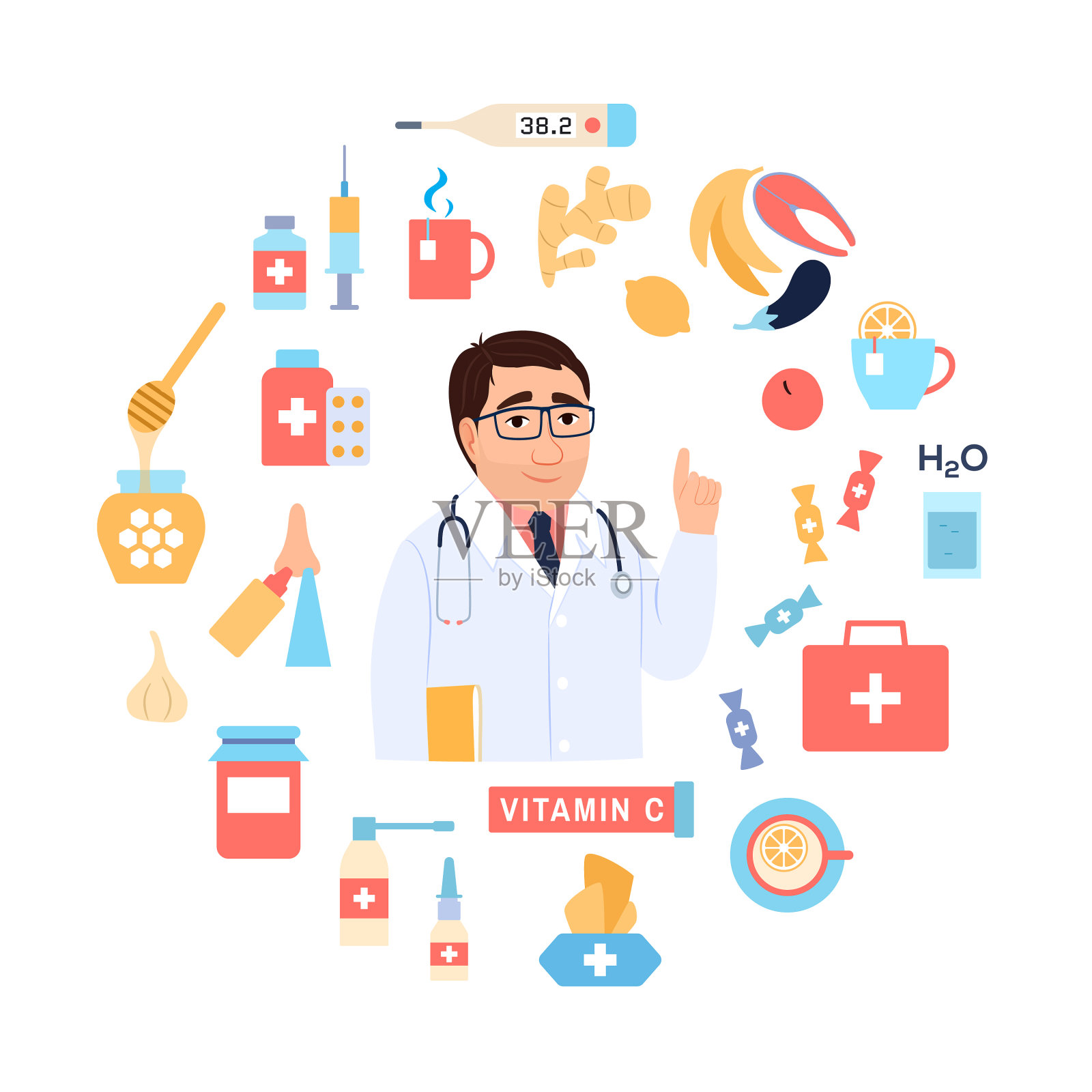 白色背景上的流感治疗预防提示插画图片素材