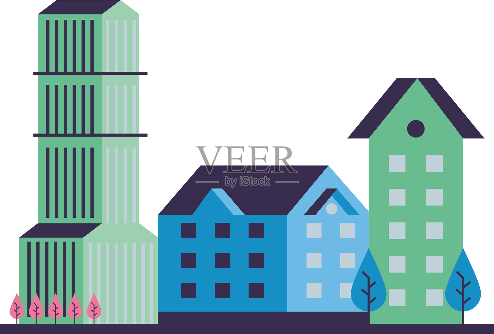 建筑物建筑与树木城市景象插画图片素材