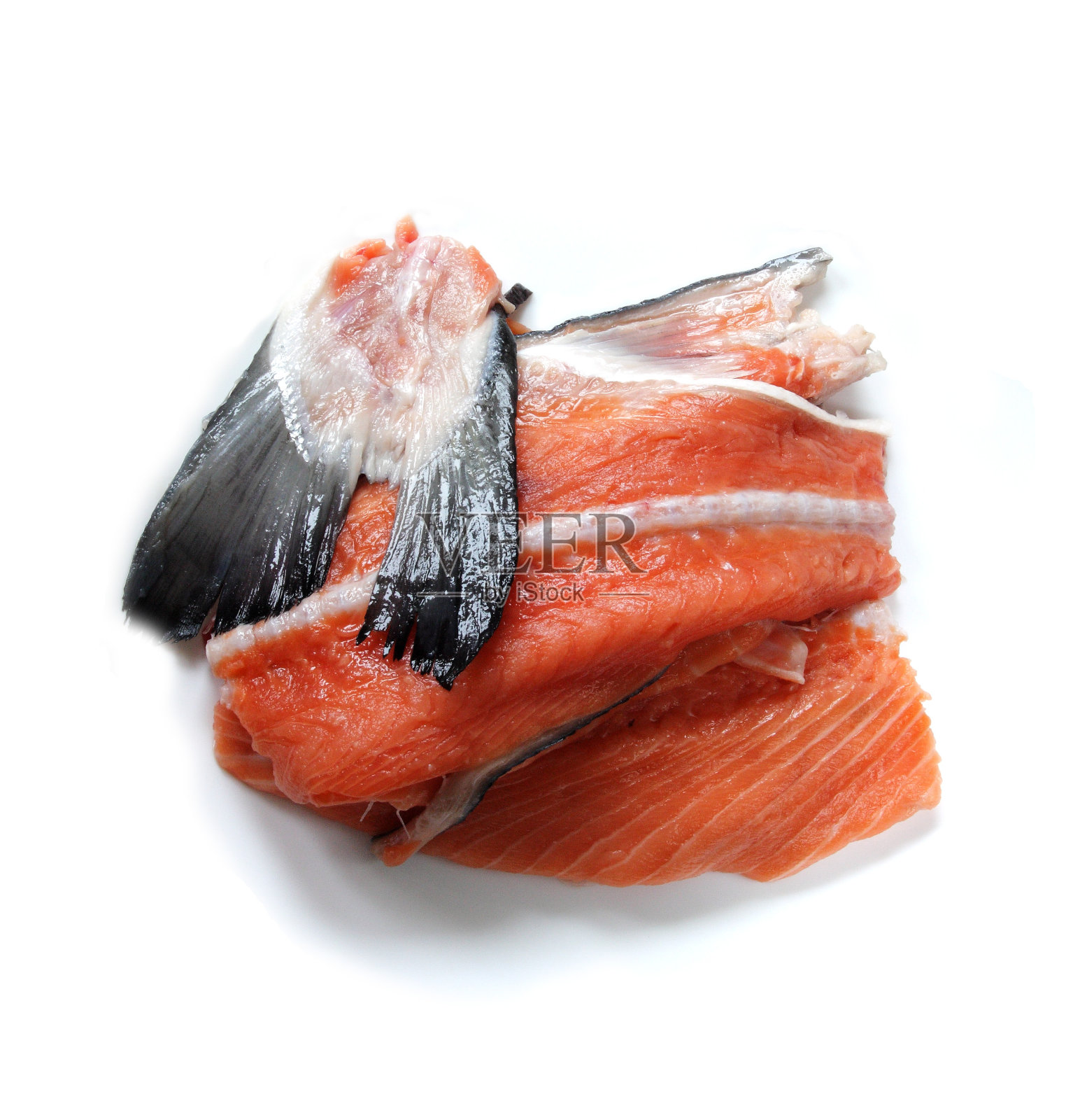 白色背景上的一片鲑鱼照片摄影图片