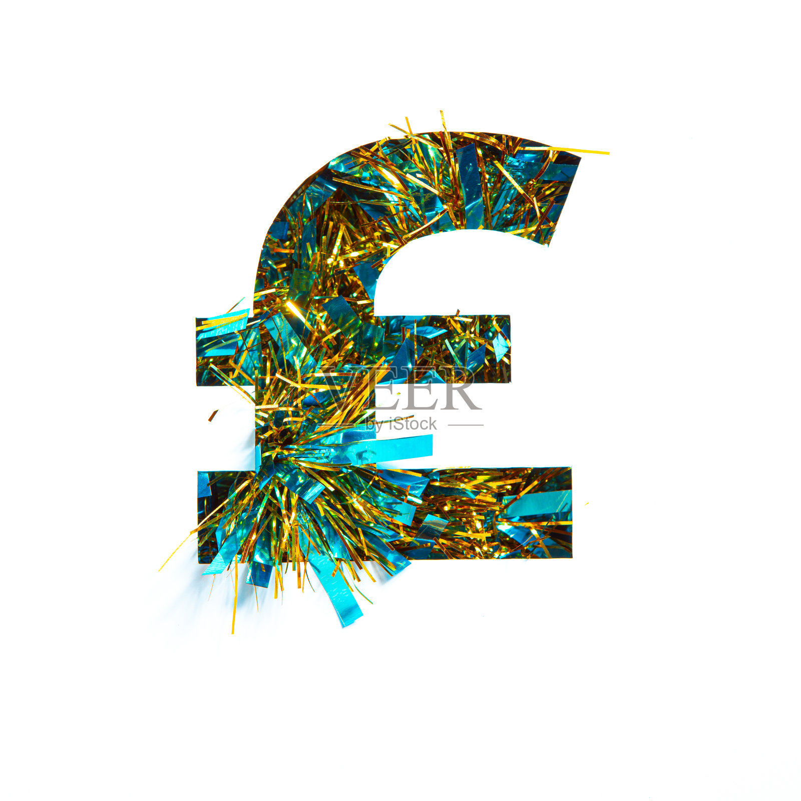 英镑货币标志闪亮的金属箔和剪纸孤立在白色。庆典设计的节日字体照片摄影图片