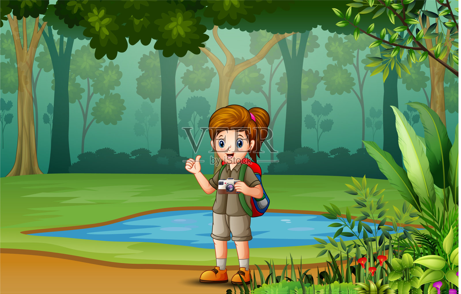 森林里的探险女孩插画图片素材