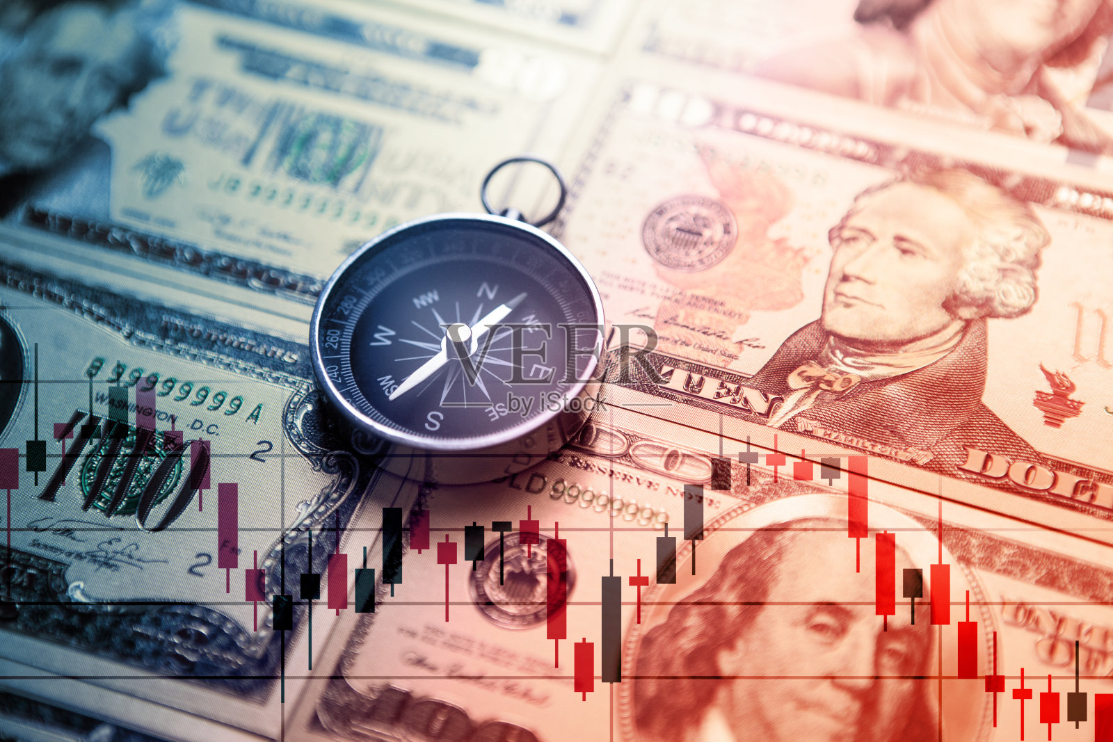 图表图表电子表格上的美元钞票与罗盘。选择的方向。照片摄影图片