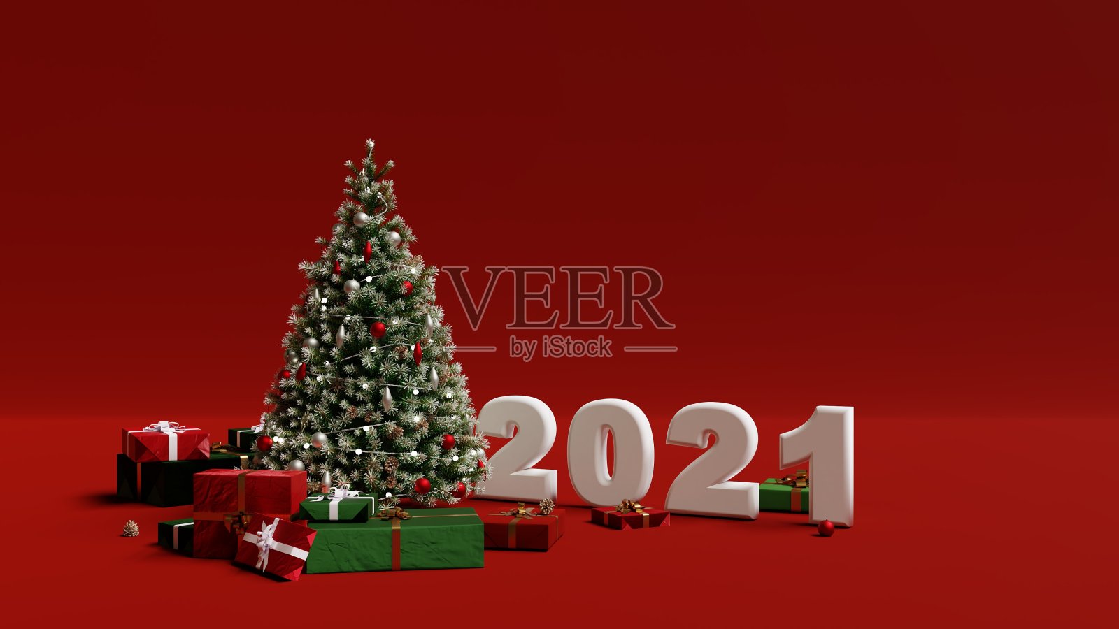 2021新年圣诞树和礼盒红色背景3d渲染3d渲染cgi照片摄影图片