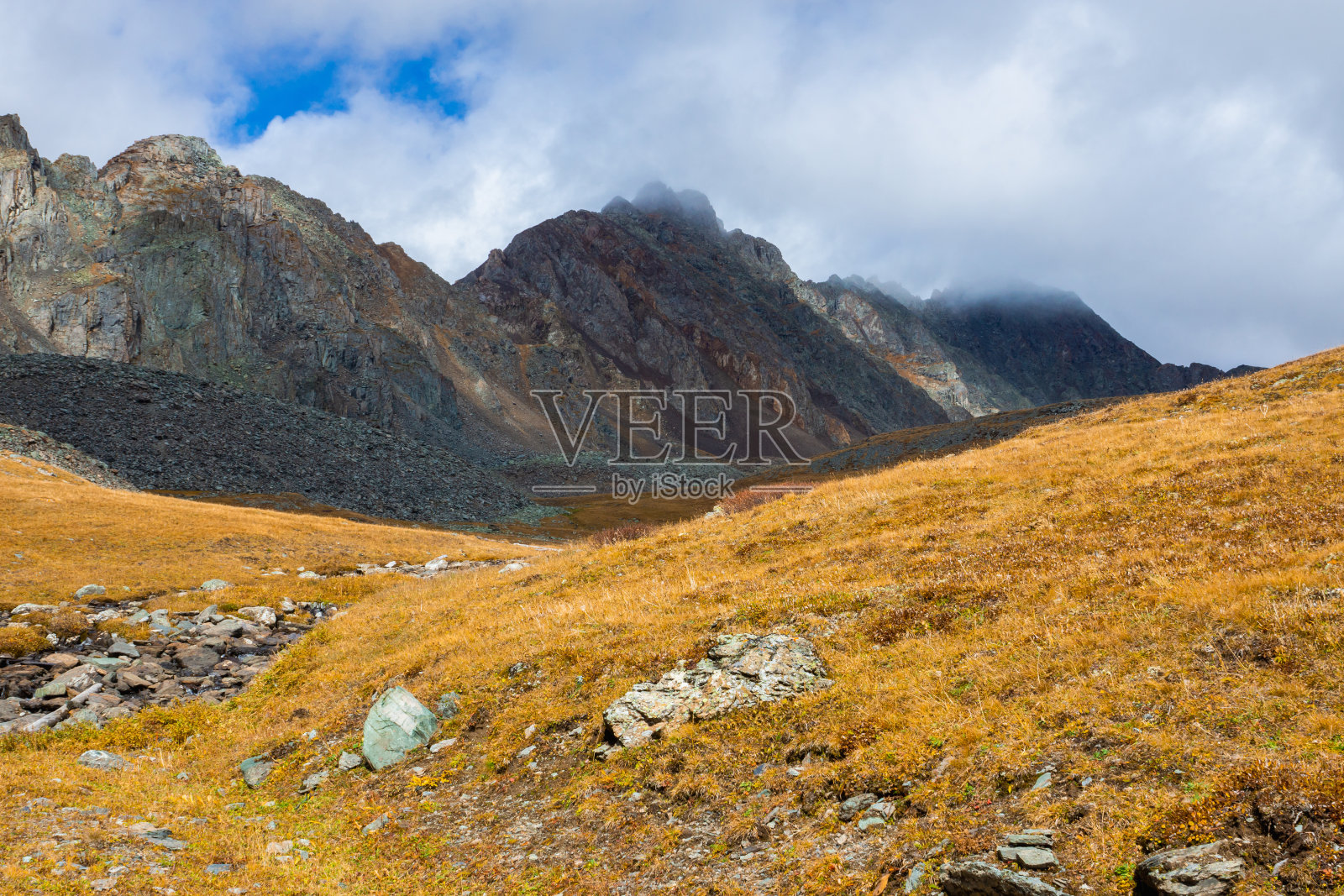 干燥的黄色草在岩石山坡和浓雾。秋天的山地景观。照片摄影图片