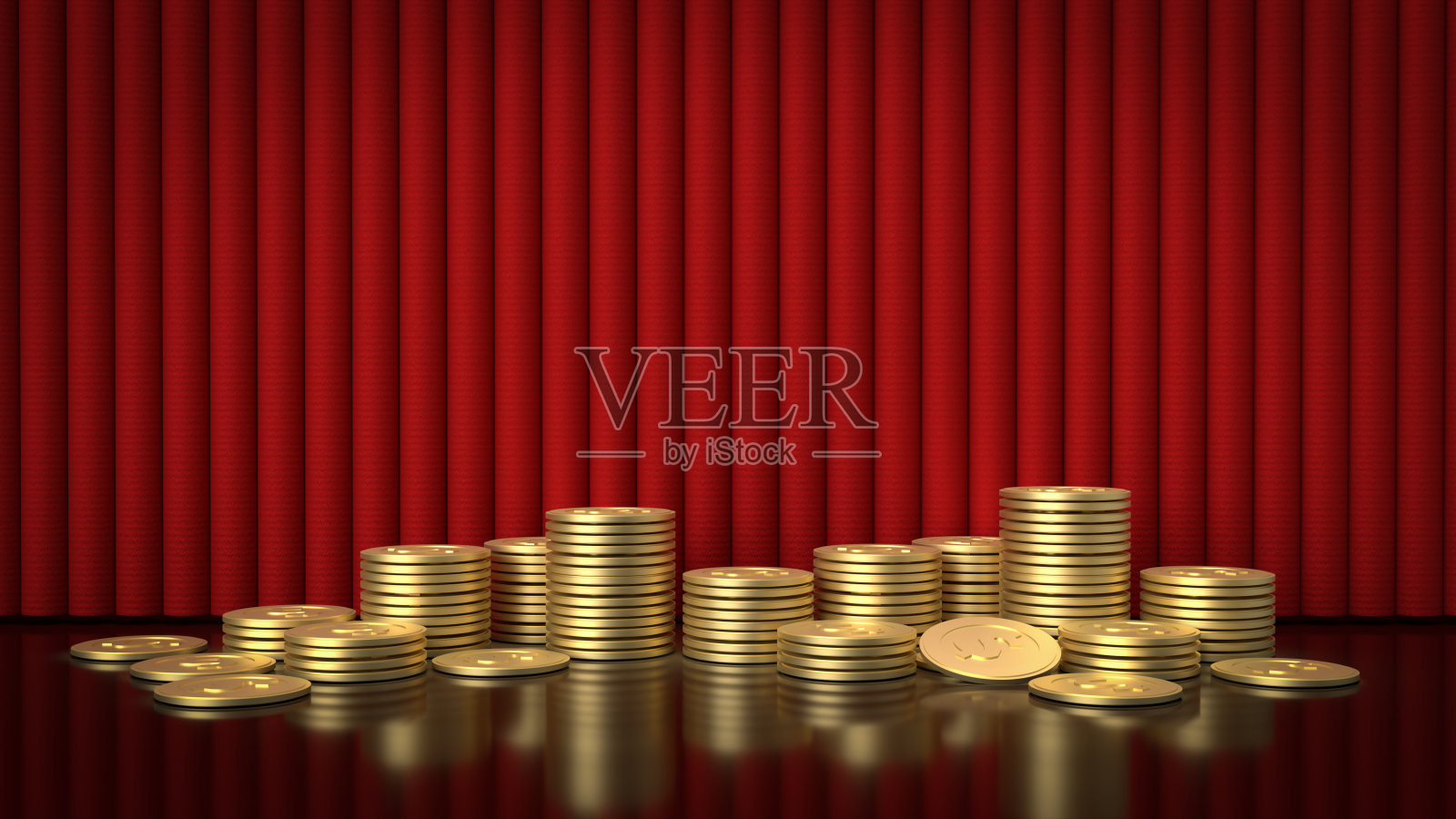 金币和红色窗帘的背景3d渲染。照片摄影图片