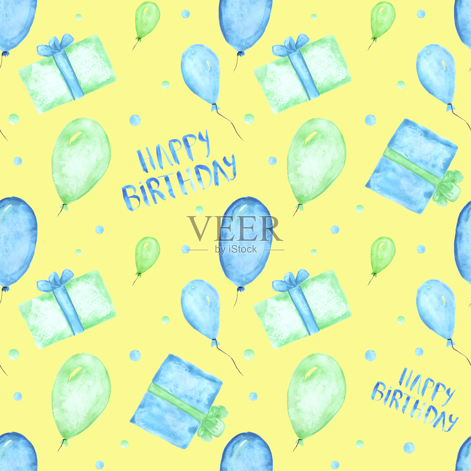 蓝色和绿色水彩生日无缝图案气球，礼物和签名“生日快乐”在黄色的背景。缤纷无尽的节日印花。墙纸。插画图片素材