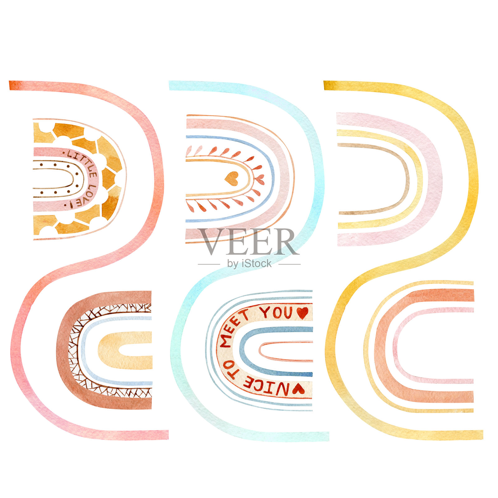 水彩波西米亚彩虹装饰元素极简主义的边界。儿童抽象美学幼儿园拼贴现代版画，用于墙面装饰，宝宝淋浴卡，小册子封面，剪贴簿纸设计。设计元素图片