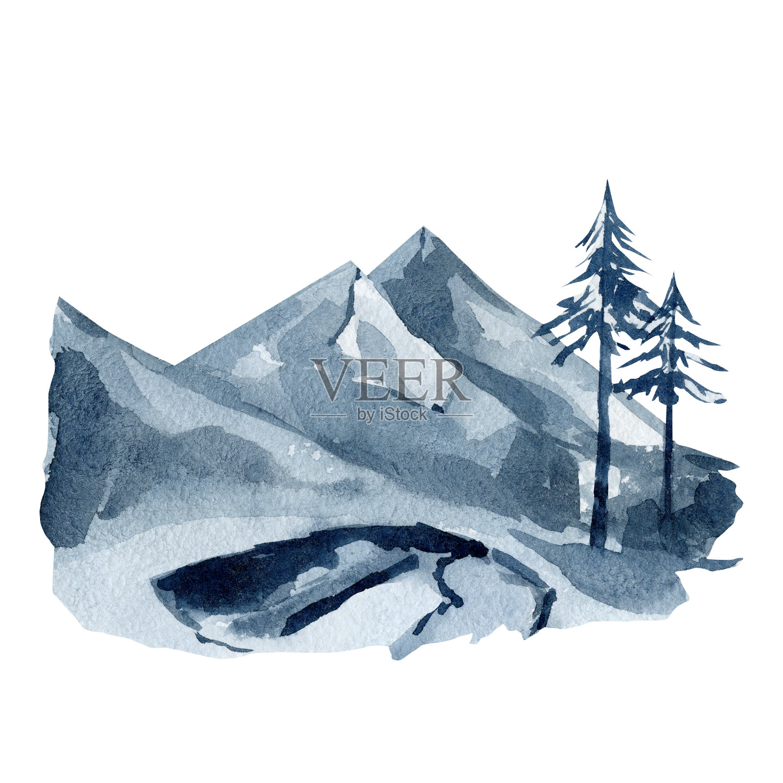 水彩山景景色，森林树木，冰湖。圣诞节的林地。冬季旅游插图的标志，横幅，贺卡，纺织品印刷，婴儿送礼会，婚礼邀请。插画图片素材