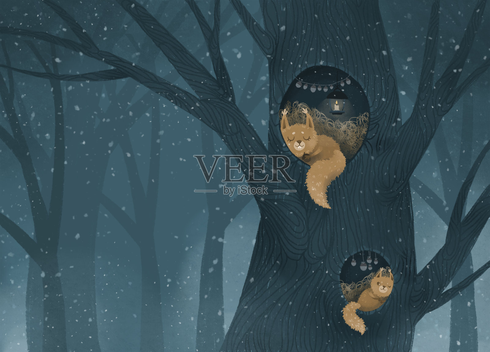 冬天的森林景观，可爱的松鼠睡觉，新年，画画插画图片素材