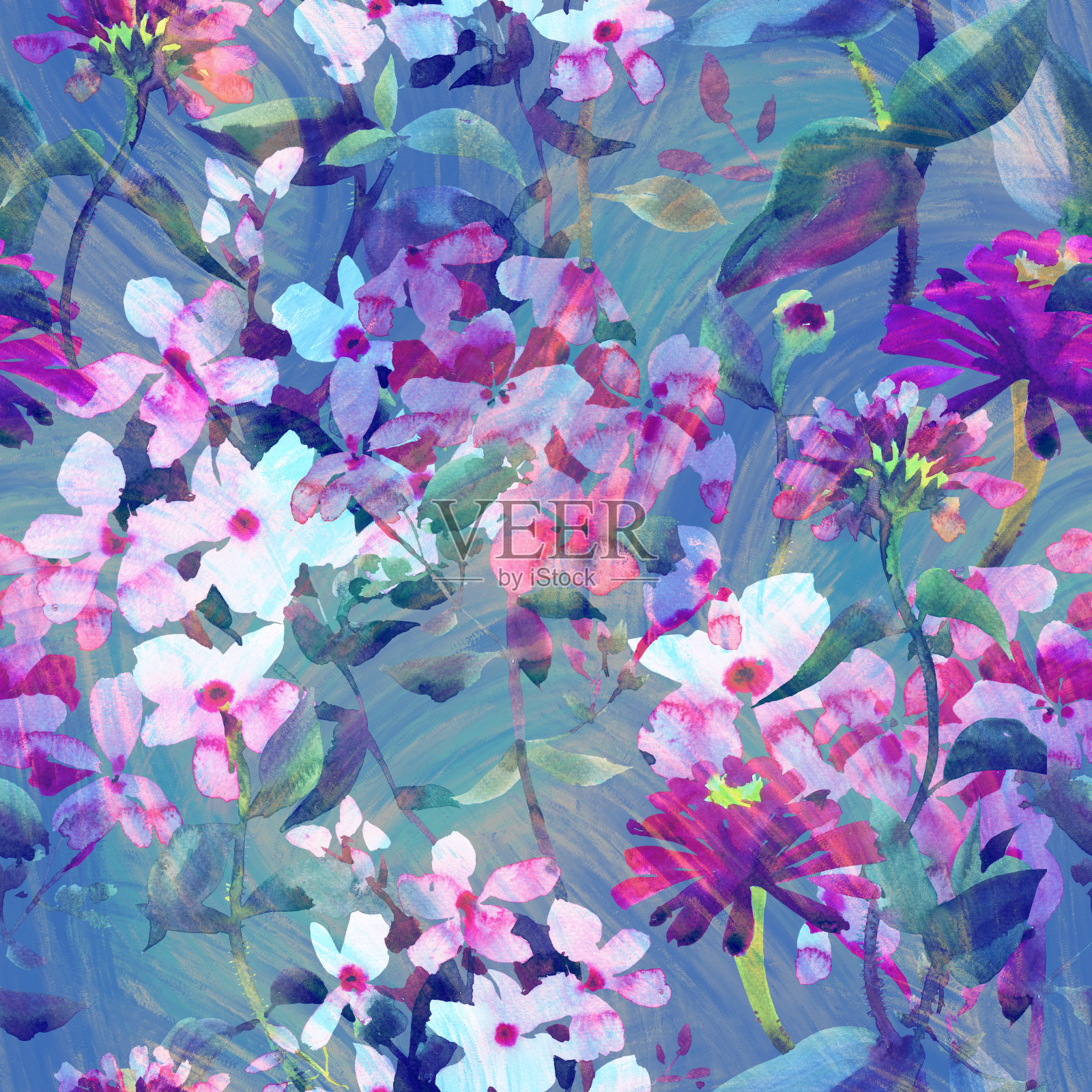 水彩花卉无缝图案。手绘夏季背景花园花卉。为织物和纺织品绘制多彩的植物图。插画图片素材