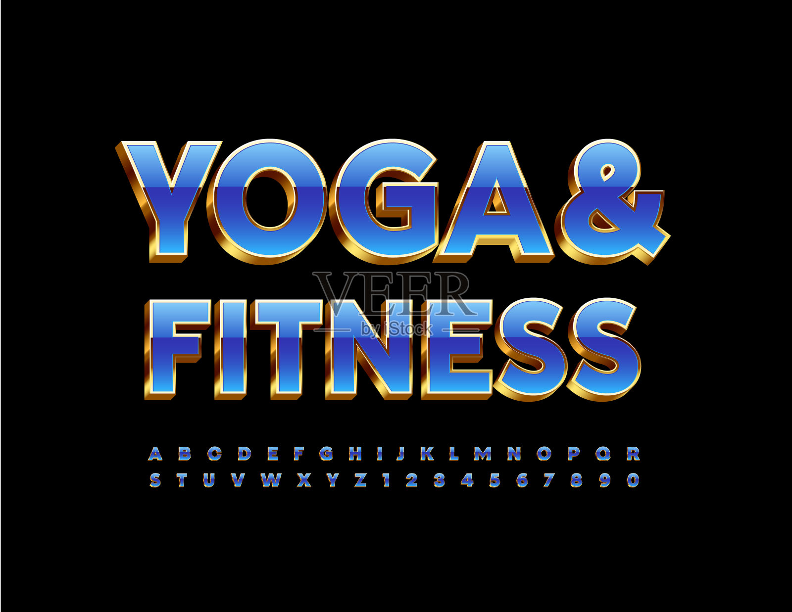 矢量精英会徽瑜伽和健身。蓝色和金色字母和数字集设计元素图片