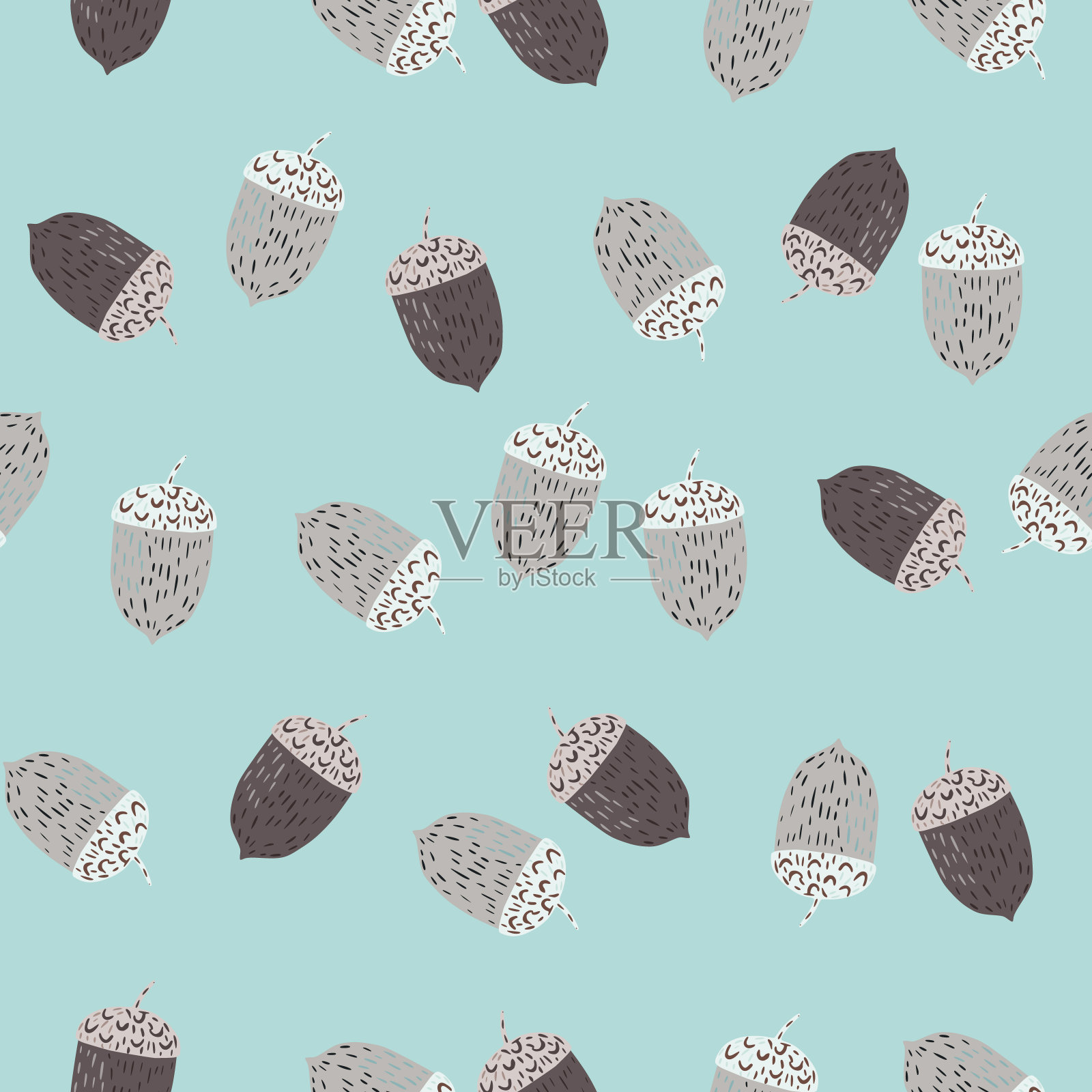 柔和的色调无缝的自然模式与灰色栗色轮廓。蓝色背景。插画图片素材