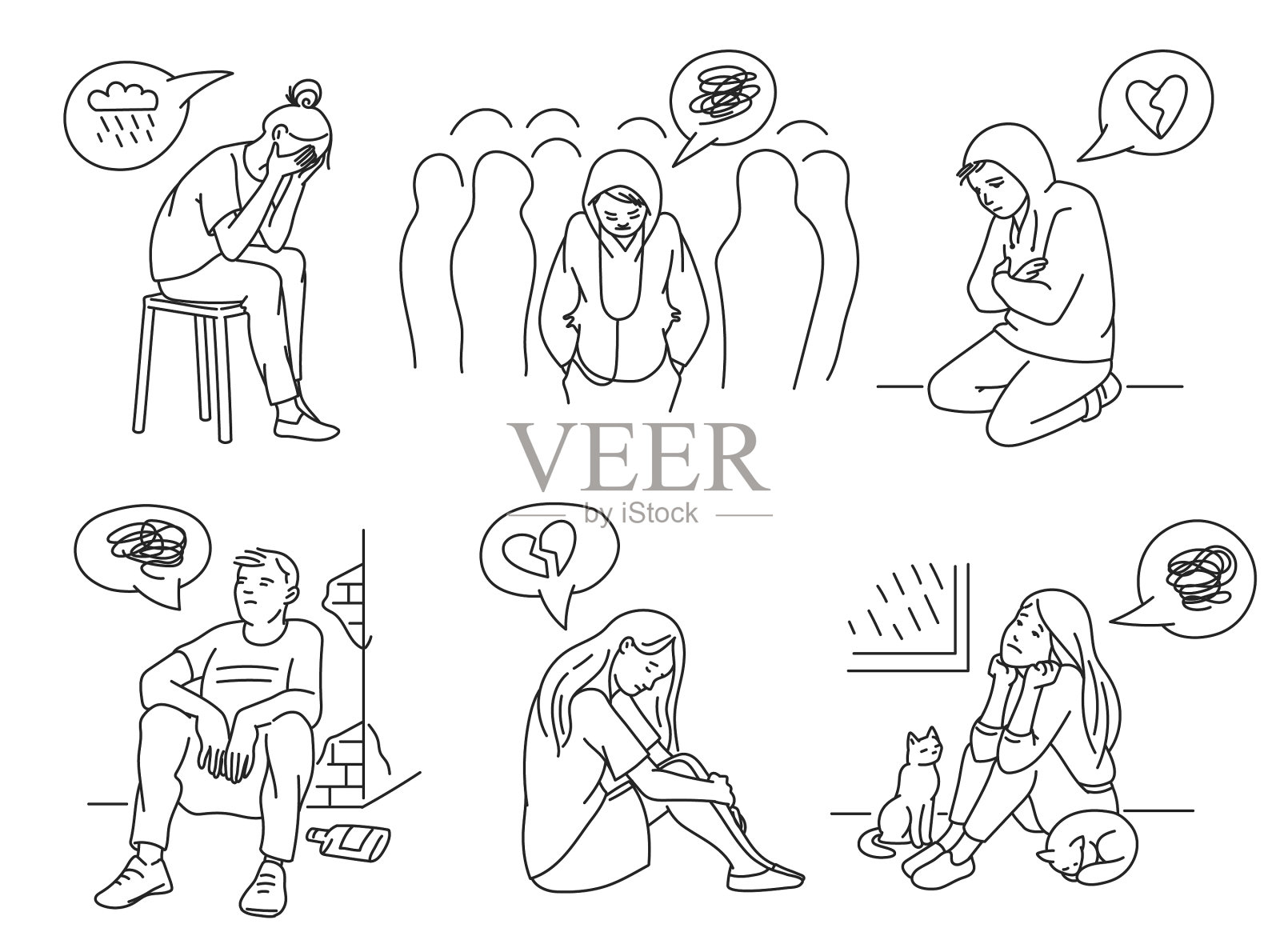 线条艺术设置悲伤和抑郁的人素描图标素材