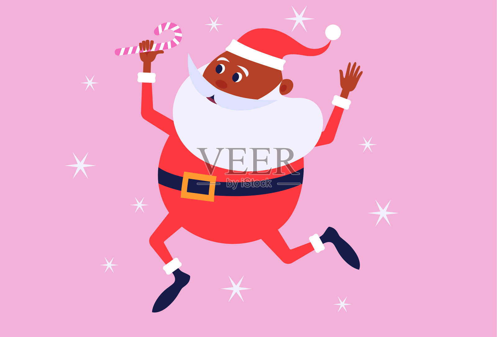 非裔美国圣诞老人手里拿着一根糖果棒在奔跑插画图片素材