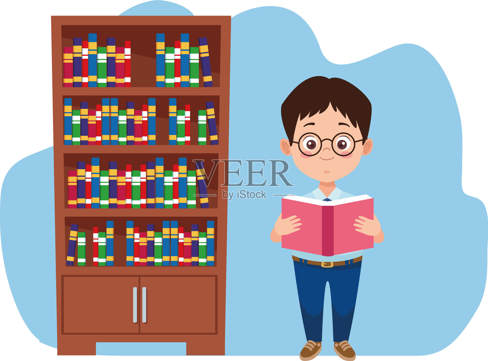 穿着校服的小学生男孩读着书插画图片素材