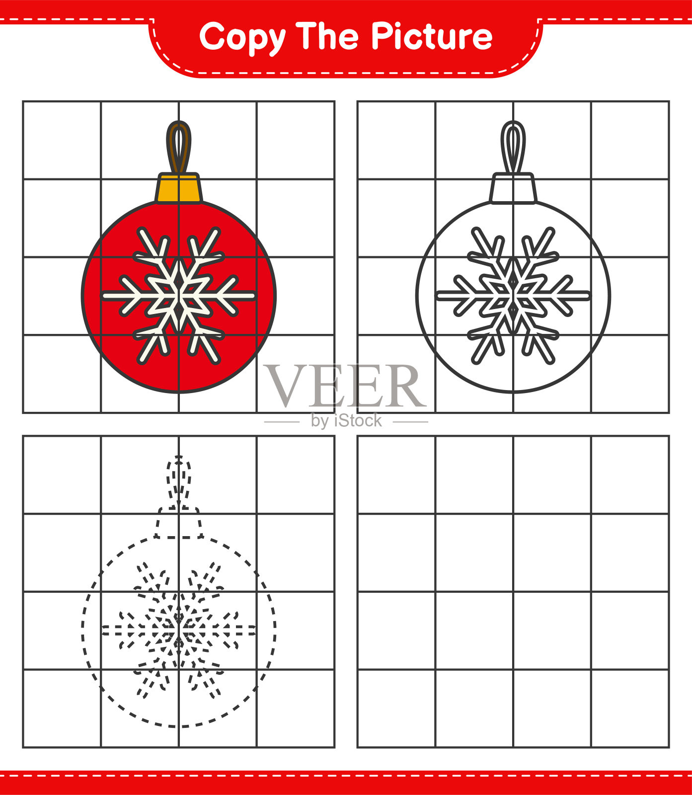 复制图片，用网格线复制圣诞球的图片。教育儿童游戏，可打印的工作表，矢量插图插画图片素材