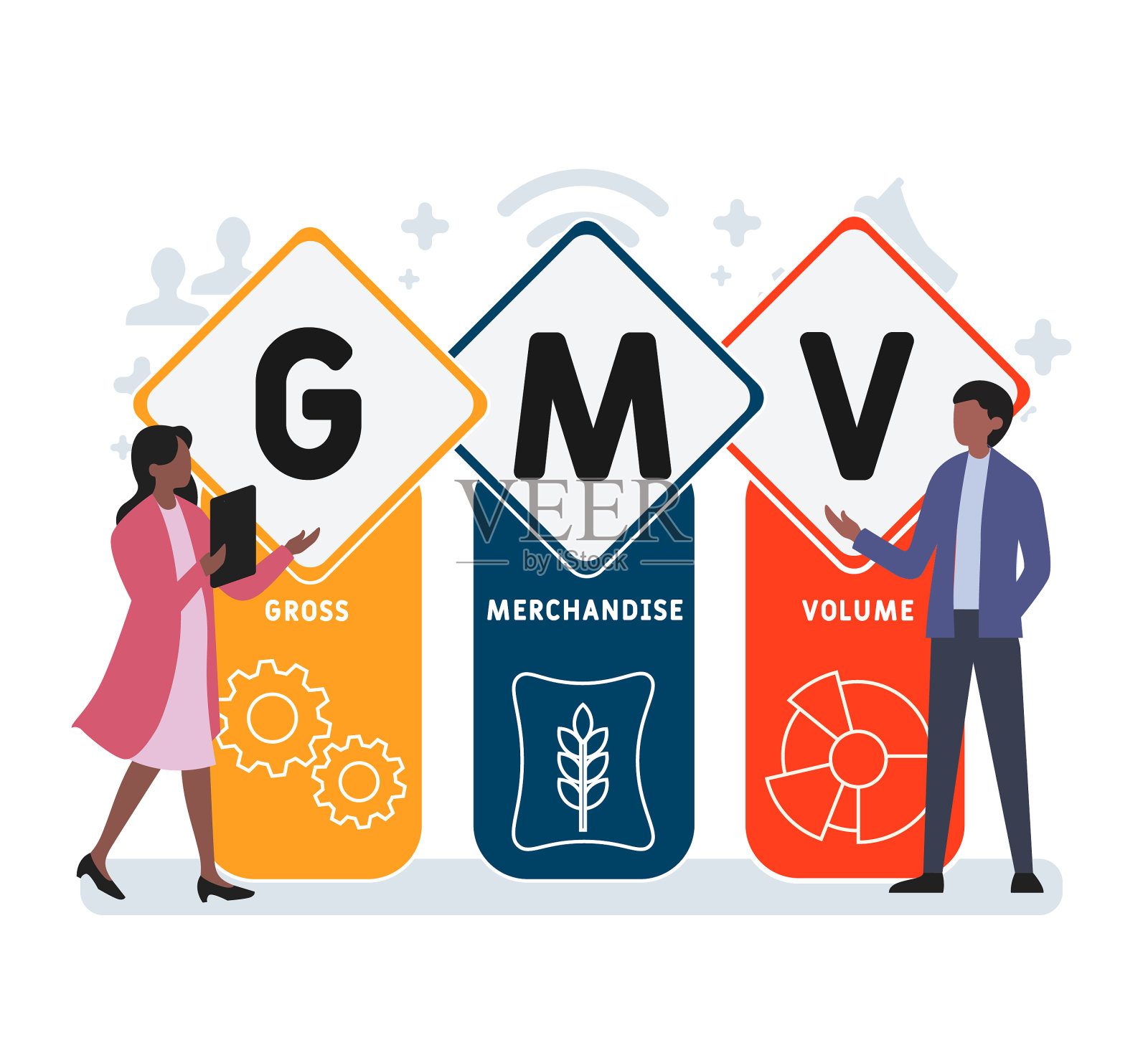 以人为本的平面设计。GMV -总商品量的缩写，商业概念背景。插画图片素材