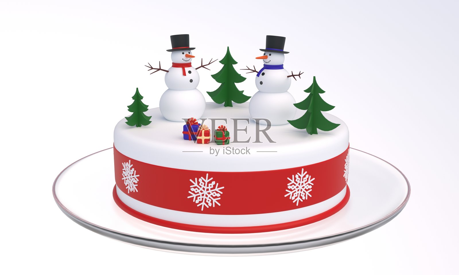 蛋糕有两个雪人，圣诞树，礼品盒，新年创意，圣诞横幅，贺卡，设计元素。孤立在白色背景上。三维渲染照片摄影图片