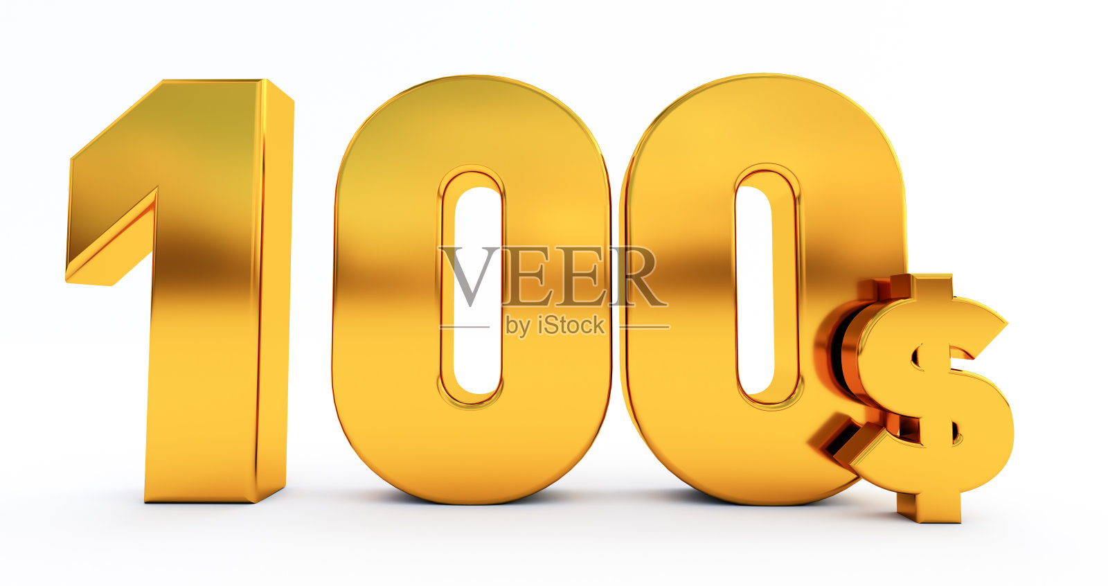 3D渲染100元，黄金100元字孤立在白色背景。照片摄影图片