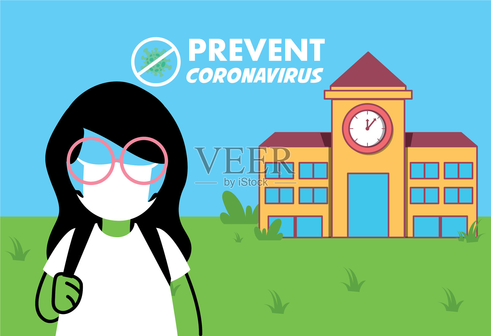 女孩戴着口罩回到学校插画图片素材