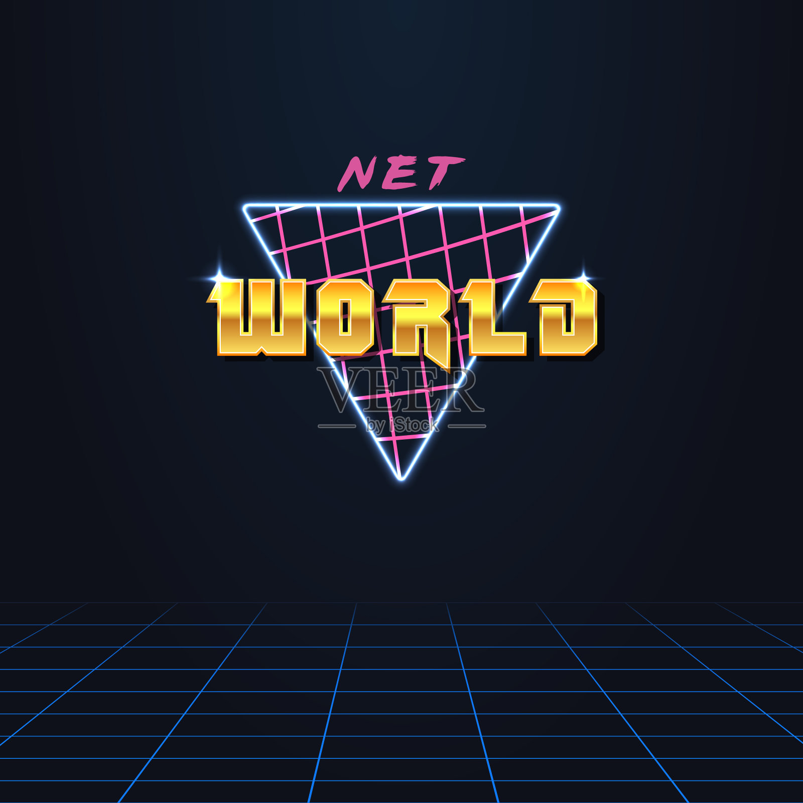简单的矢量插图在80年代风格的招牌标题与文本网络世界和网格在一个三角形闪亮的框架插画图片素材