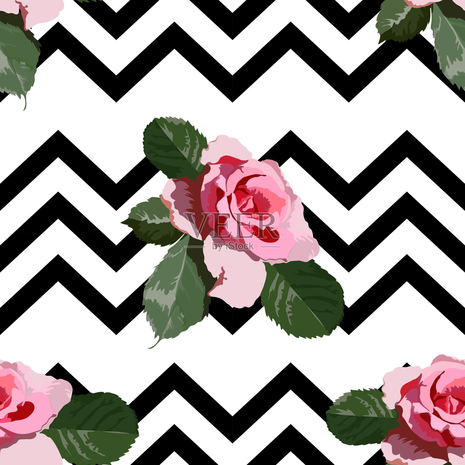 矢量无缝模式与粉红色玫瑰与叶子在白色的背景与黑色之字形线。大玫瑰花，夏季花卉图案面料设计。插画图片素材