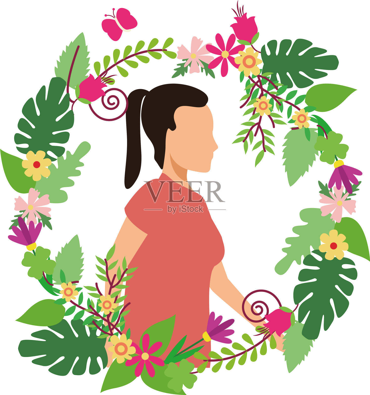 年轻女子随意地戴着花圈化身插画图片素材