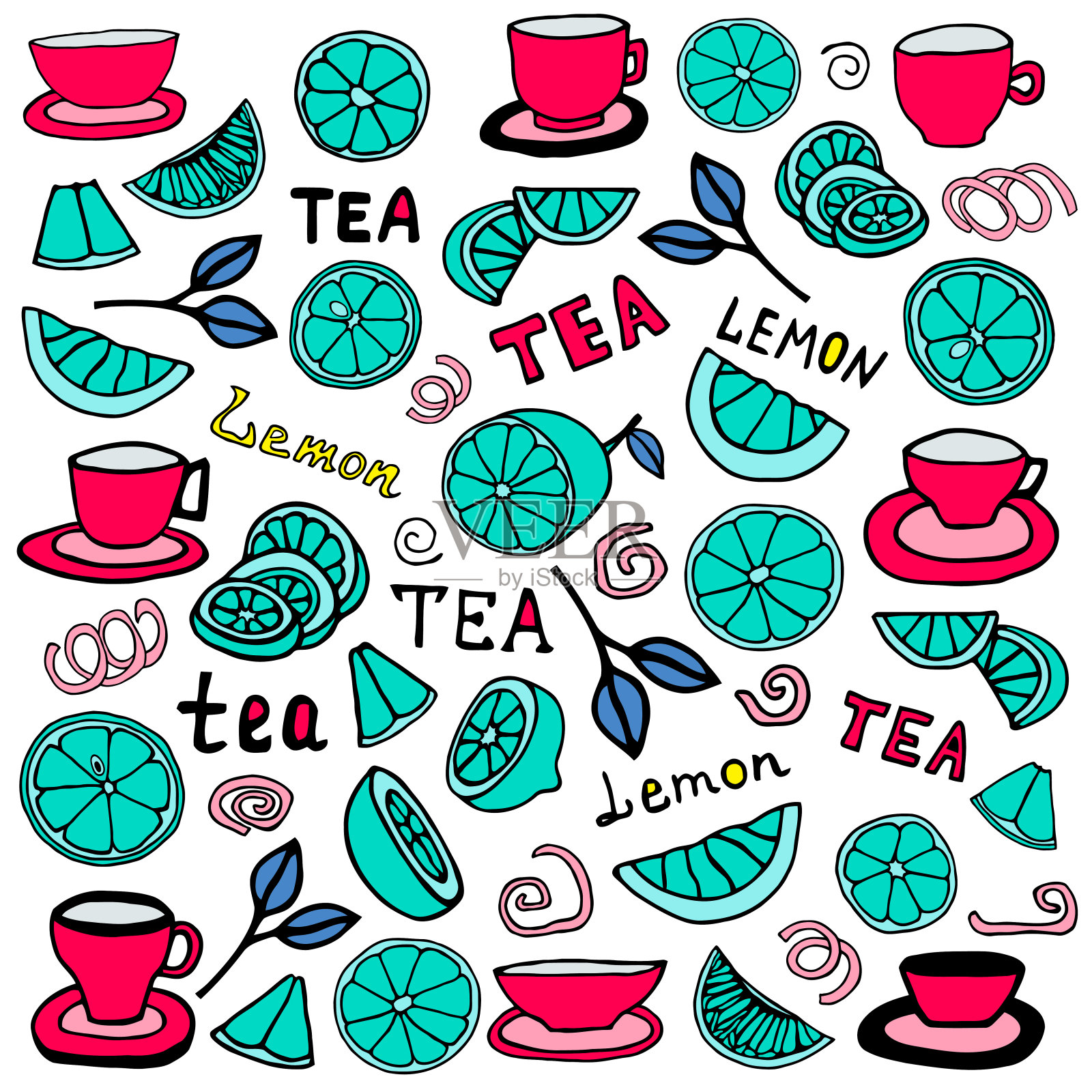 矢量画柠檬，柠檬片和茶杯与茶。这幅画是用涂鸦的风格画的。插画图片素材