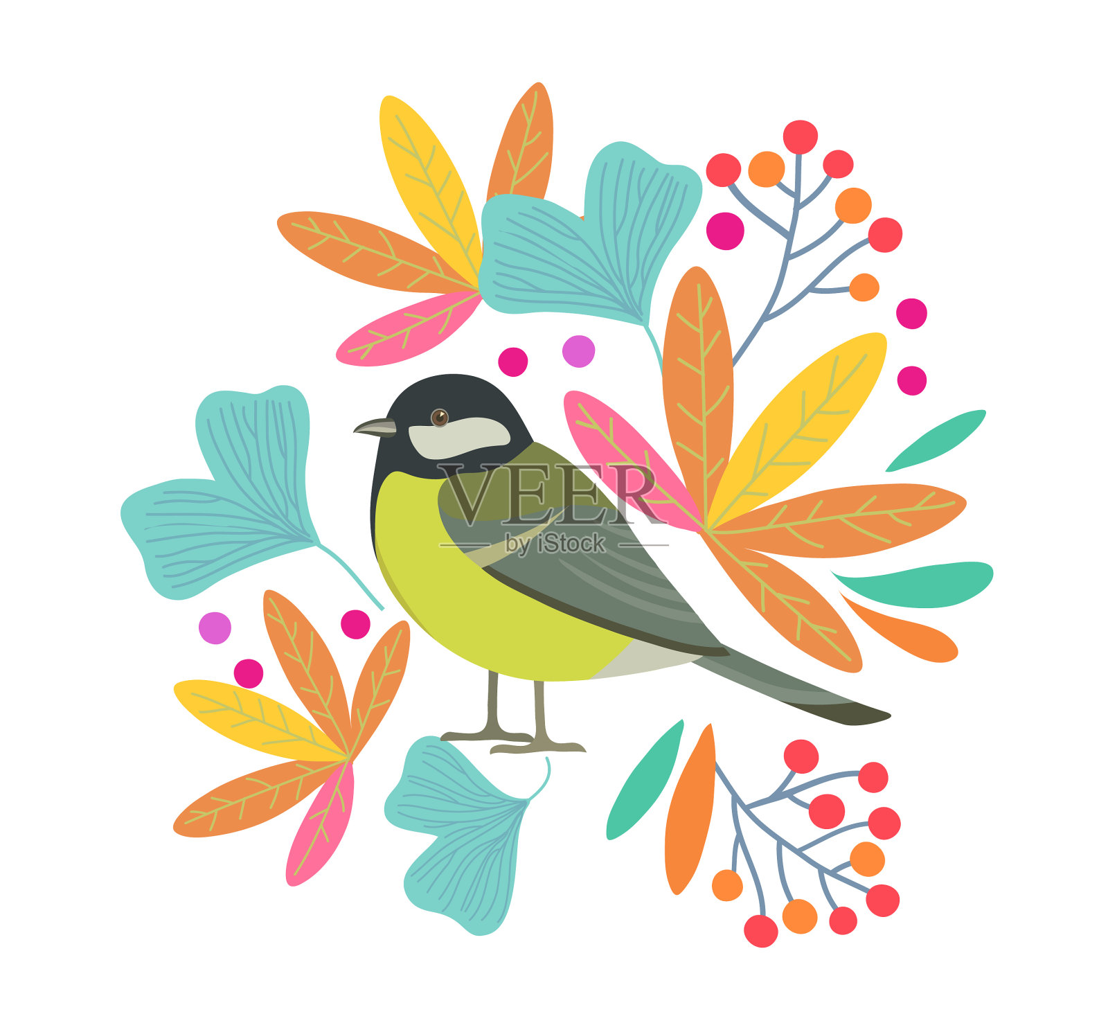 可爱的平面设计，鸟和树枝设计元素图片