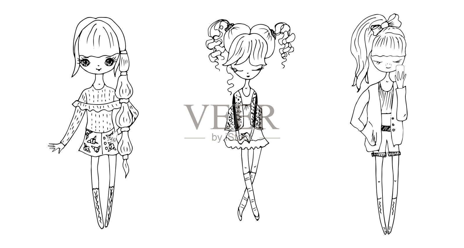 穿着时髦服装的时髦女孩。草图。矢量插图。插画图片素材