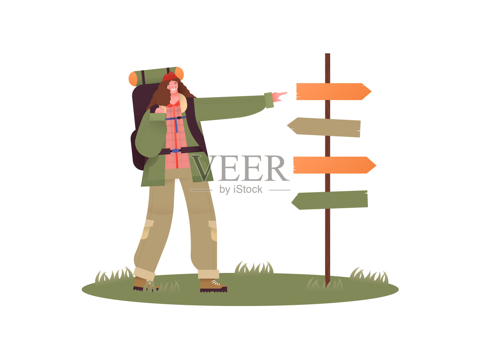 拿着露营背包指着路标的女人插画图片素材