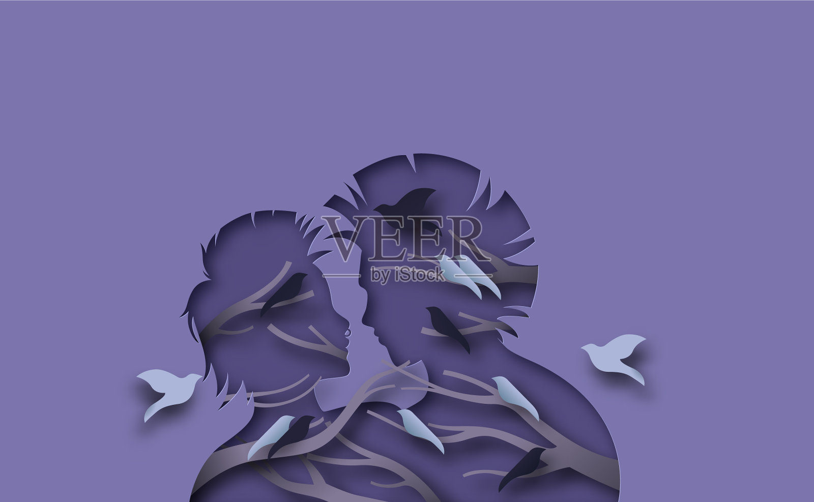 朋克男女夫妇剪纸鸟树插画图片素材