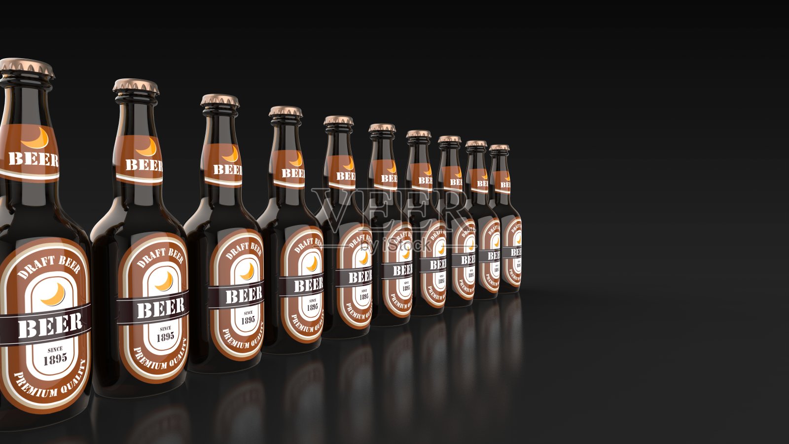 啤酒瓶多个角度左黑色背景3d照片摄影图片